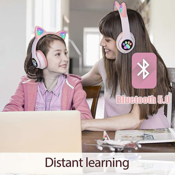 Trådløst headset med katteører, LED-lys, Bluetooth, foldbart headset med mikrofon og børneheadset, Bluetooth katteøreheadset, foldbart, bærbart