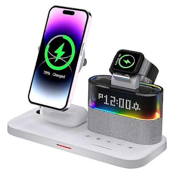 C09 Magneettinen langaton latausasema puhelimelle / AirPodseille / Apple Watchille herätyskellolla ja yövalolla White