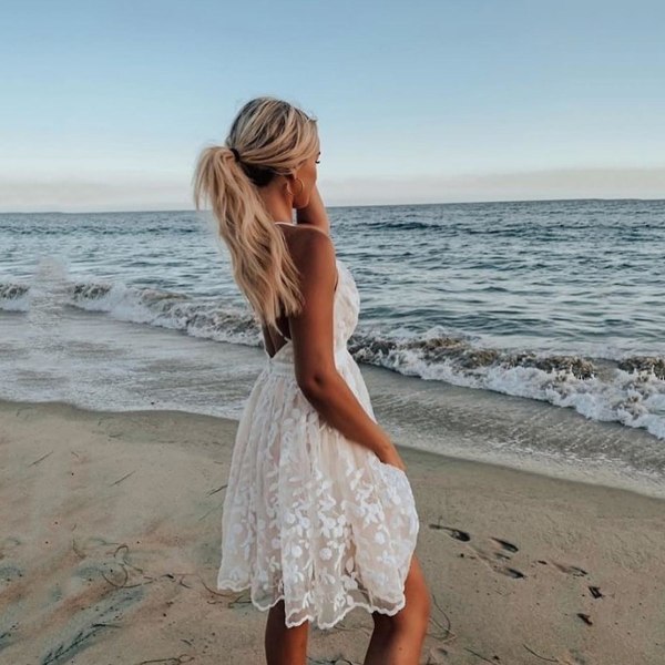 Boho Beach Summer Women Spets Miniklänning Elegant Ärmlös Off S