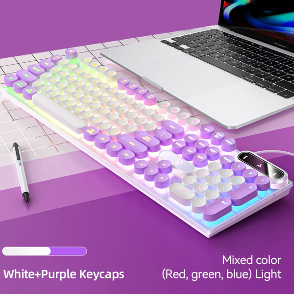 Retro Punk pyöreät näppäinhatut pelinäppäimistö langallinen RGB-taustavalaistu näppäimistö USB-taustavalaistu 104 näppäimen näppäimistö white purple