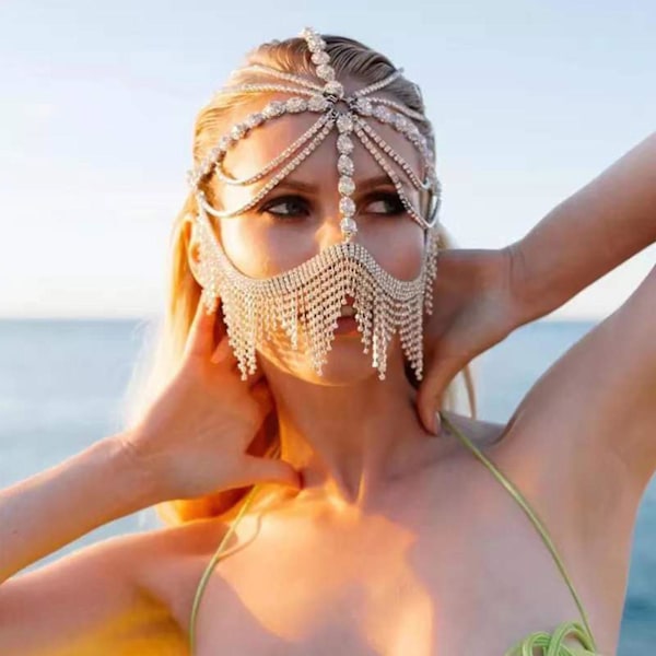 Hårpynt med krystallkvast, luksuriøst pannebånd for Rhinestone-maske for maskerade