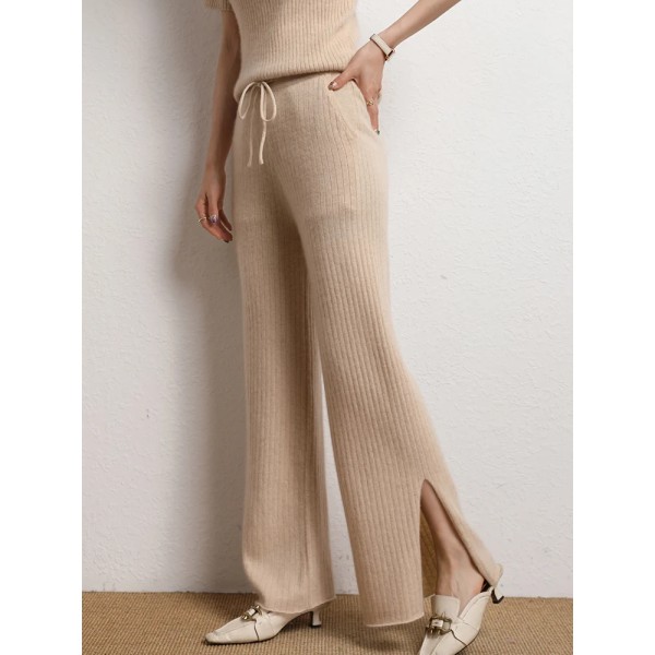 Nya Chic 100% Kashmir Dam Wide Leg Byxor Höst Vinter Casual Hög Kvalitet Mjuka Varma Stickade Drop Mop Byxor Koreansk Mode qing rong XL