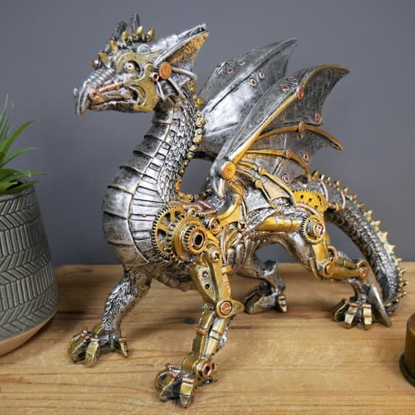 Steampunk Drage Figur Gotisk Bronsefinish Mytisk Statue 9\" Lang