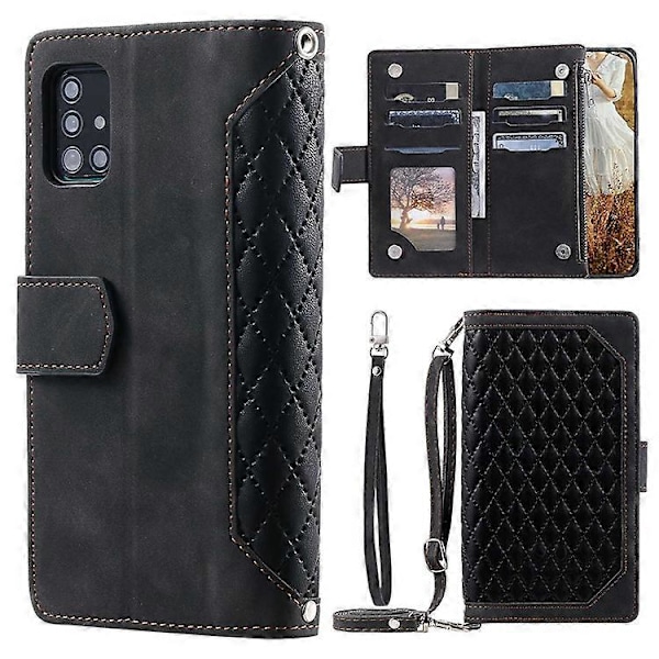 005 Stil Kompatibel For Samsung Galaxy A51 4G SM-A515, Rombe Tekstur Lommebok Stil PU Lær Telefonveske Glidelåslomme Stativ Funksjon Black