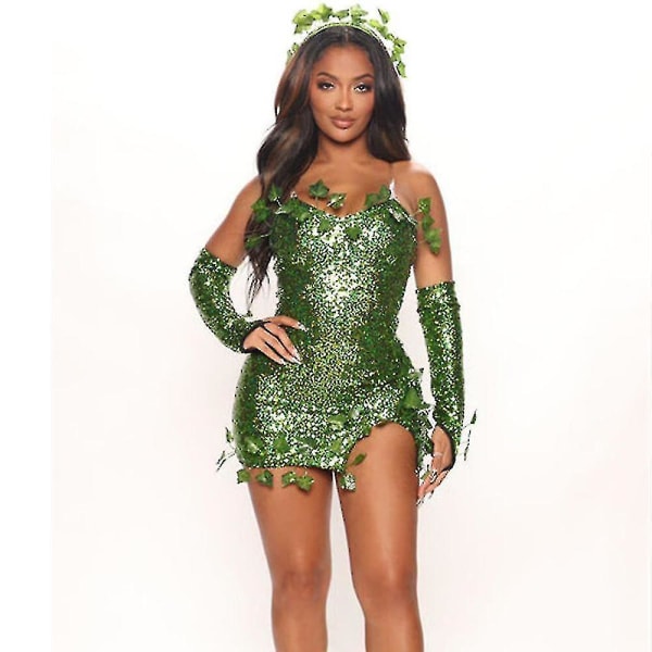 Halloween Skurk Poison Ivy Cosplay Kostym Maskerad Kompatibel Kvinnor Karneval Party Paljettklänning Set M