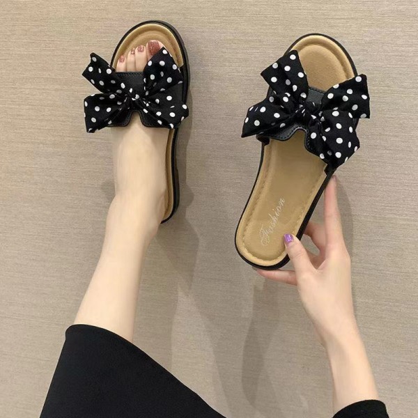 Sommer Nye Hjemmesko Kvinder Overtøj Flat Beach Bow Flip Flops Black 38-39