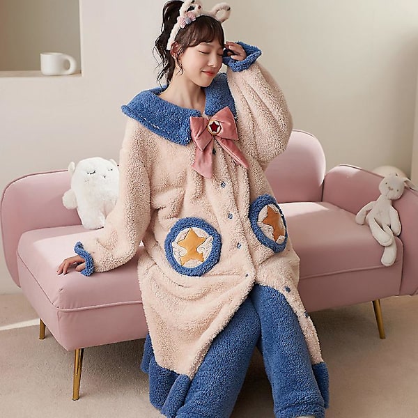Dame høst og vinter korallfleece pyjamas pluss fleece fortykket hjemmedrakt XL