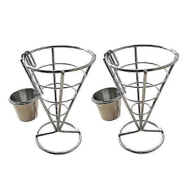 2 stk. Pommes Frites Stativ Kegle Kurv Fritureholder med Sauce Dyppere Metal Stegt Kylling Display Stativ Trådstativ