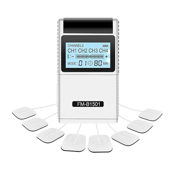 TENS EMS Muskelstimulator 15 Lägen & 4 Utgångar 8 Elektroder för Naturlig Smärtlindring Elektrisk Puls Impuls