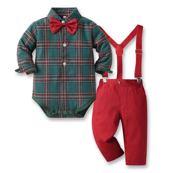 Barneklær til jul, nye gutter rutete langermet jakkeslag bomull cardigan overalls feriedress Red Pants 70cm
