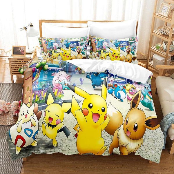 P17 Pikachu 3D Printet Sengesæt Dynebetræk Quilt Betræk Pudebetræk Børnegave US FULL 200x230cm