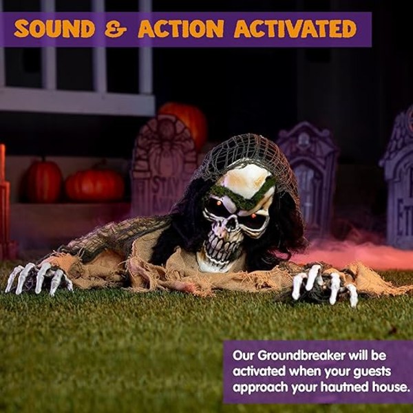 Halloween-sisustus animoitu Zombie Breaker, hehkuva luuranko Zombie Breaker -rekvisiitta kammottavilla äänillä