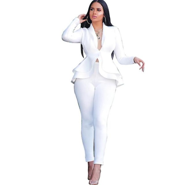 Dam Set Träningsdräkt Långärmad Volang Kavajer Byxor Kostym Tvådelat Set Kontorsdam Affärskläder Uniform White XL