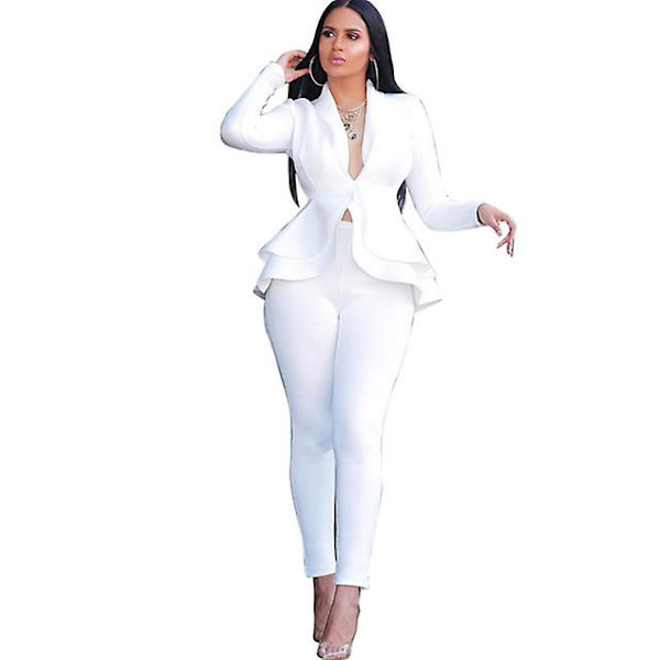 Dame Sæt Træningsdragt Lange Ærmer Flæser Blazere Bukser Sæt Todelt Sæt Kontordame Business Tøj Uniform White M