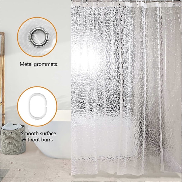 Mögelsäker Duschdraperi 180 X 200 cm, 3D Halvtransparent EVA Tvättbara Duschdraperier med 12 Krokar, Vattentätt Antibakteriellt Snabbtorkande, för Badkar, B