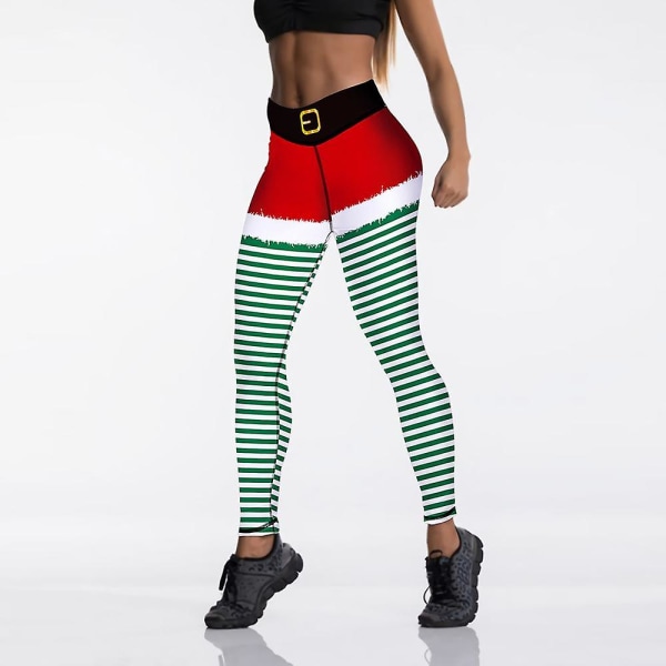 Nya God Jul Leggings Hög Midja Elasticitet Kvinnor Tryckta Randiga Snö Leggings Punk Bälte 3 Färger Byxor D-JK1-128 S
