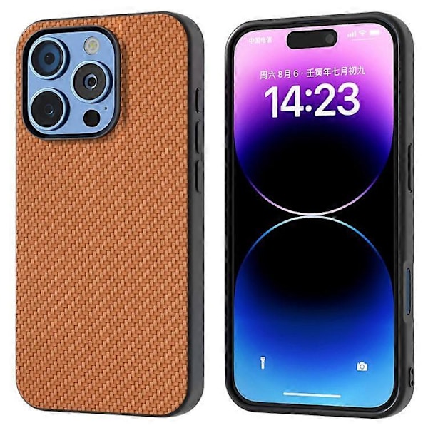 ABEEL Kompatibelt Skal för iPhone 16 Pro Max Läder+PC+TPU Telefonskal Kolfibertextur LightBrown