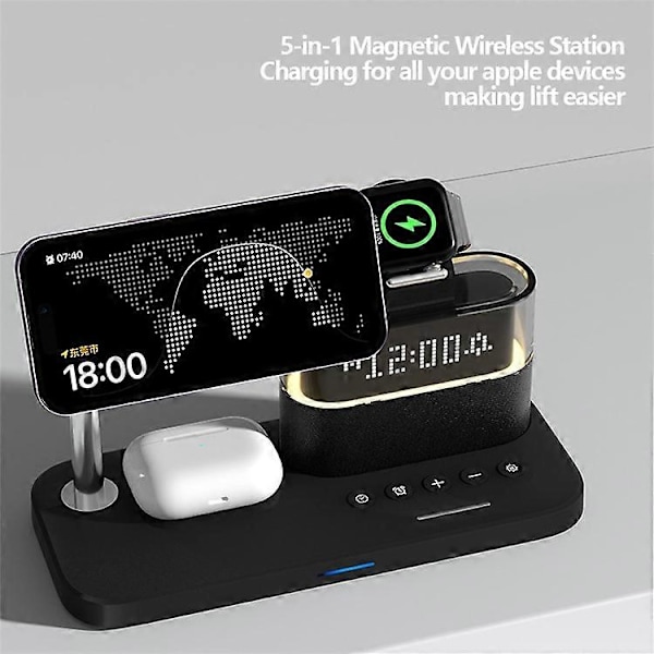 C09 Magneettinen langaton latausasema puhelimelle / AirPodseille / Apple Watchille herätyskellolla ja yövalolla White