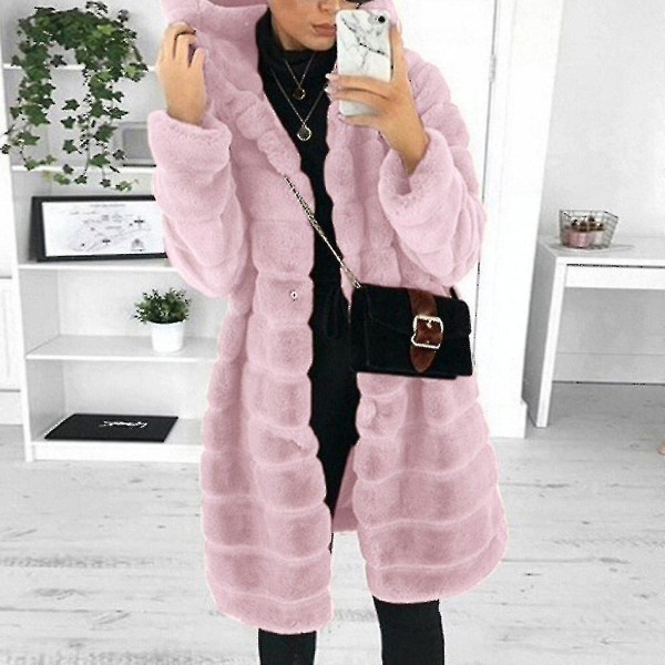 Naisten tekoturkis talvi casual takki pitkähihainen fleecetakki L Pink