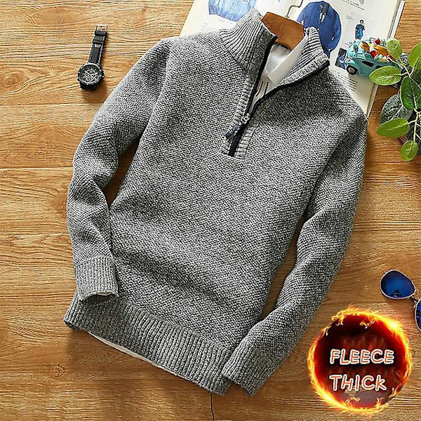 Vinter Herr Fleece Tjockare Tröja Halv Dragkedja Polokrage Varm Pullover Kvalitet Man Slim Stickade Ylletröjor För Våren Light Grey M