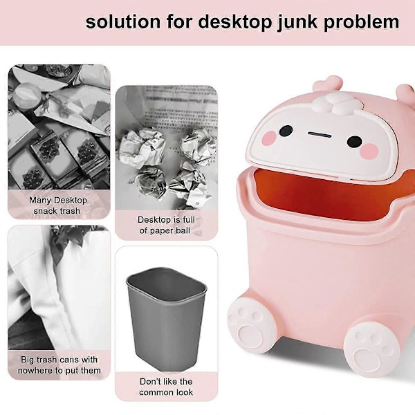 Mini Soptunna med Lock, Söta Flip Skrivbordssoptunnor, Plast Djurformad Papperskorg (Rosa)