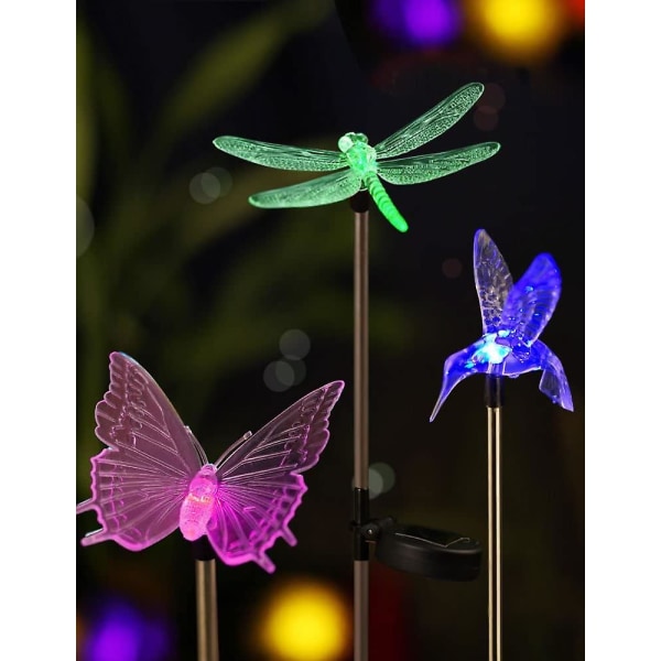 Set med 3 LED Färgskiftande Solcellslampor Utomhus - Trädgårdsfigurer (kolibri, fjäril, trollslända) - LED Trädgårdslampor Trädgårdsdekor - Uteplats