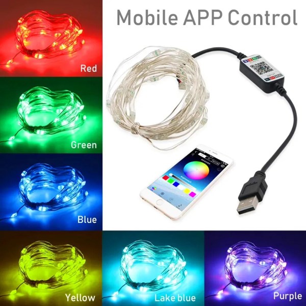 Smart RGB Julelys Fe-lyskæde APP Bluetooth Kontrol Vandtæt USB Kobbertråd Lys 16 Farver Nytårsdekoration 2M 20LED