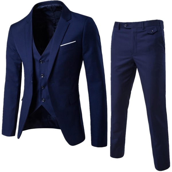 3-delad herr Slim Fit Suit Solid Jacka Väst Byxor Business Set Navy Blue S