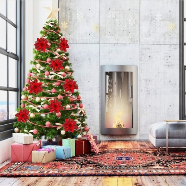 Glittriga julgransdekorationer Konstgjorda bröllops julstjärneblommor för julblommor Trädkransar Dekor Ornament (rödvin)
