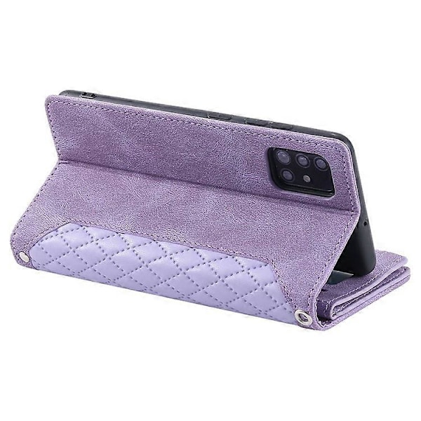 005 Tyyli Yhteensopiva Samsung Galaxy A51 4G SM-A515:lle, Ruutukuvioinen Lompakkomallinen PU-nahkainen Puhelinkotelo Vetoketjutaskulla ja Jalustalla Purple