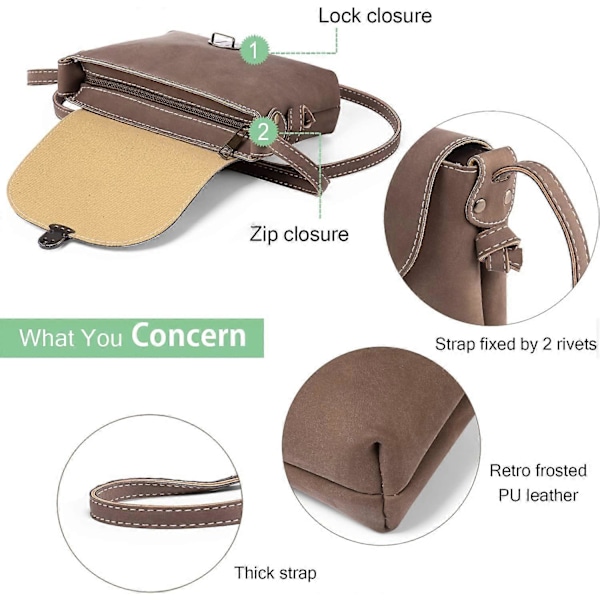 Liten Stöldskyddslås Dam Crossbody Väska, Dam Handväska Dam Crossbody Väska Retro Mobiltelefon Ficka Kaffe