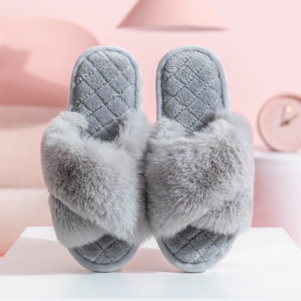 Kryss Bomull Tøfler Innendørs Varme Tøfler Vinter Varme Hjem Plysj Tøfler grey-PVC 38-39(fit 37-38)