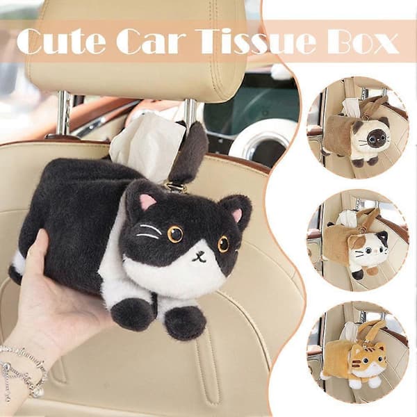 Cute Car Tissue Holder Plush Kitten Paper Box with Headrest Hook A