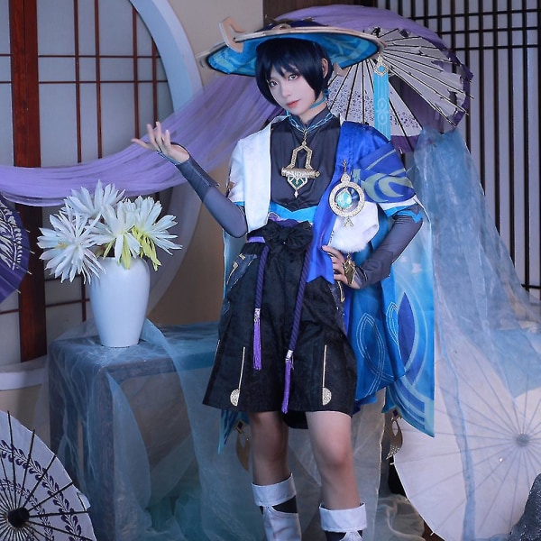 Scaramouche Cosplay Genshin Impact Kostume Paryk Hat Fuld Sæt Anime Halloween Genshin Cosplay Wanderer Kostume Uniform Til Mænd 1pcs wigs M