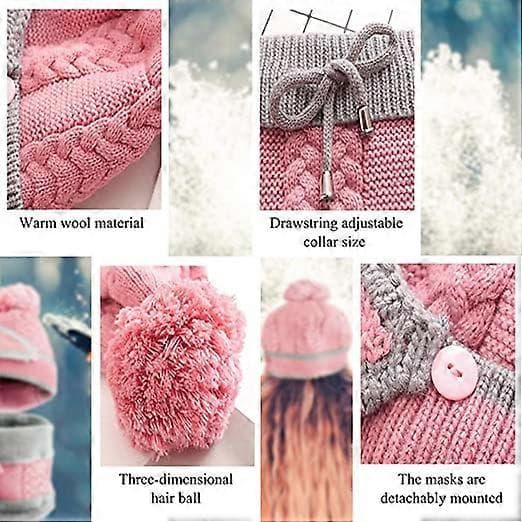 Hatt og skjerfsett, rosa strikket vinterbobo-hatt og skjerf, vindmaske, varmt sett