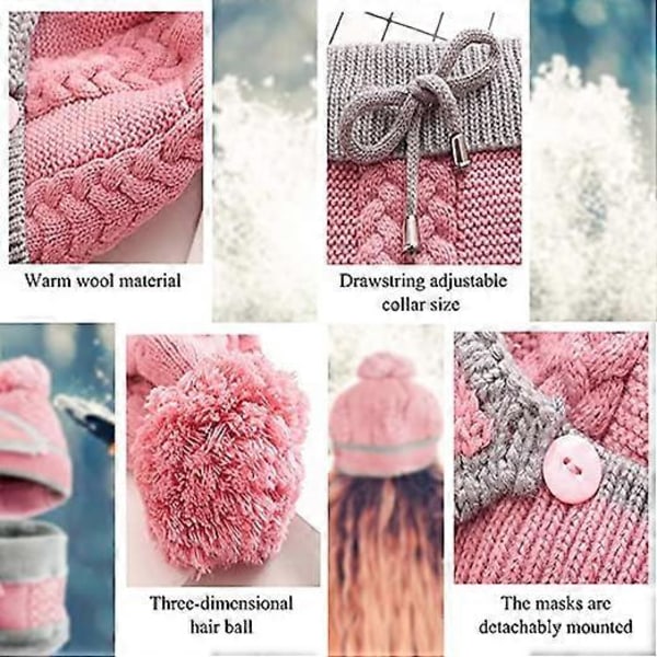 Mössa och halsduk set, rosa stickad vintermössa med tofs, halsduk, vindmask, varmt set