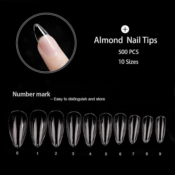 500 kpl läpinäkyviä tekokynsiä, neuvoja täysin peittäviin kynsiin ja case itse tehtyyn nail art varten, 11 kokoa- 2023 Almond