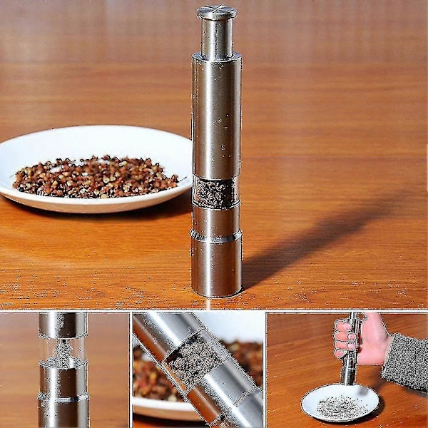 Salt- og pepperkvernsett med 2, trykknappkvern i rustfritt stål, for sort pepper, krydder og salt