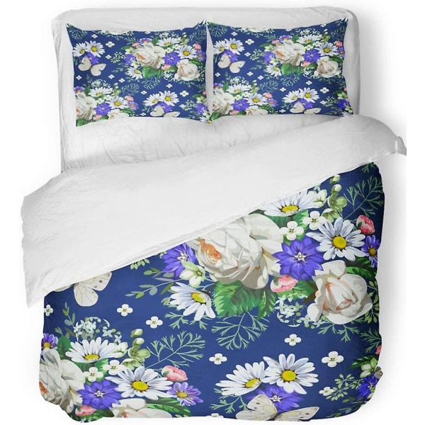 3- set sängset Blå bukett med vita rosor och prästkragar Akvarell Daisy Flower beundransvärt cover med 2 örngott
