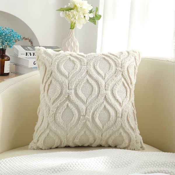 Set med 2 Fuskpäls Kuddfodral 45x45 cm, Dekorativa Mjuka Plyschiga Sammets Kuddfodral 18X18 Tum, Fyrkantig Boho Neutral, för Soffa, beige