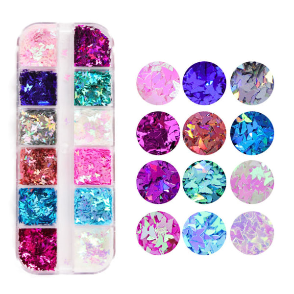 12 Fack/låda Pärlfärg Fjäril Glitter Hållbara Manikyr Nagelkonst Paljetter För Handdekoration Nagelkonst Tillbehör