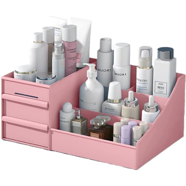 Makeup Bord Kosmetik Opbevaringsboks Organizer med Skuffer til Toiletbord, Forfængelighedsbordplade, Badeværelsesbordplade, Elegant Forfængelighedsholder - PINK