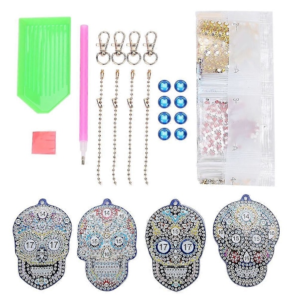 DIY Diamantmaleri Nøkkelring Hodeskalle Full Diamant Nøkkelring Veske Ornament Hengende Anheng 4 stk