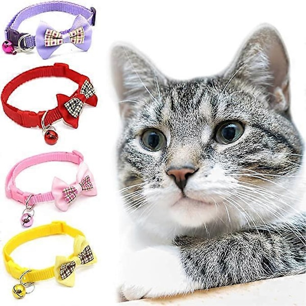 4 katt halsband med klockor och rosetter för snabbkoppling, justerbara djurhalsband, katt halsband, kattungar, små djur inomhus och utomhus