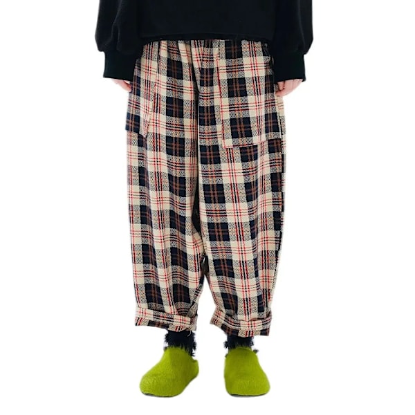 IMAKOKONI originalt design elastisk talje rødternede beskårede bukser lige ben lommebukser 234354 pants S