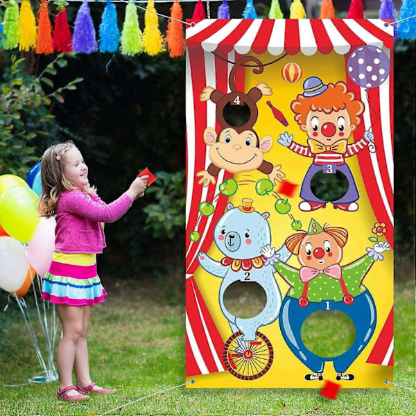 Kastespil banner med klovne fra karneval med sækkestole til børn og voksne til karnevalsfest