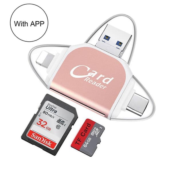 4-i-1 SD-kortläsare Micro TF-adapter för att visa kamerabilder och videor på Windows Mac iPhone Android rose gold