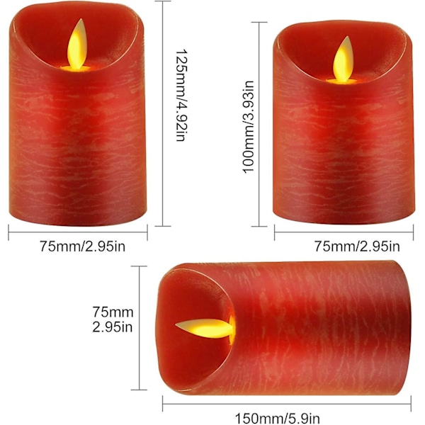 3 stk. LED Flakkende Flammelys, Med Timer Fjernbetjening, 7,5x10/12,5/15cm, Til Julehjem Dekoration Bryllup Kirke Fest Have, LED Elektro