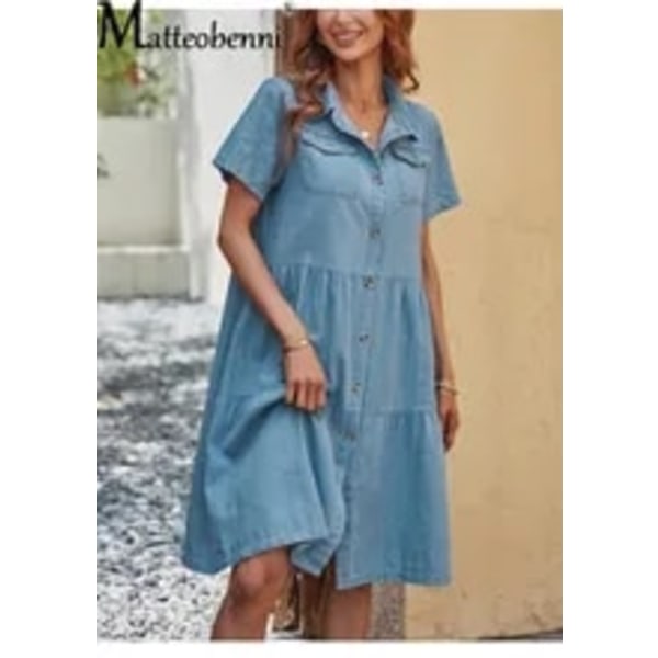 Fashion enkeltknappet cardigan denimkjole med revers, patchwork-lomme, sød stil, afslappet kjole Blue S