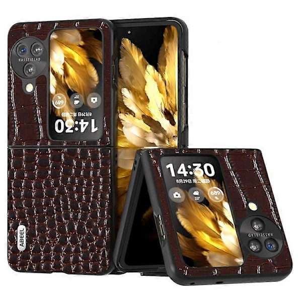 ABEEL Kompatibel med Oppo Find N3 Flip 5G Krokodiltextur Telefonskal Äkta Koläderbelagd PC Vikbart Fodral Espresso